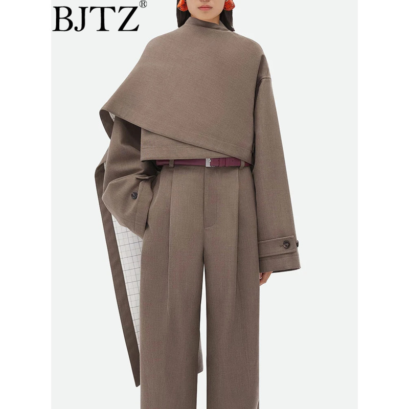 Wool Coat Peacoat - BJTZ Solid Patchwork Button Chic Coats